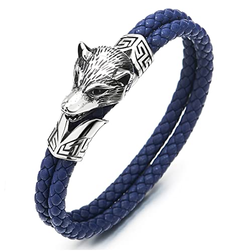 COOLSTEELANDBEYOND Wolfskopf Armband Geflochtenes Leder-Armband für Herren aus Edelstahl und Dunkelblau Echtem Leder von COOLSTEELANDBEYOND
