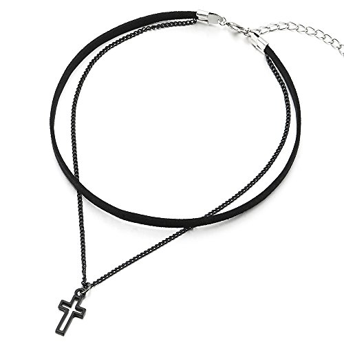 COOLSTEELANDBEYOND Zwei Reihen Schwarz Choker Halsketten Halskette für Damen Mädchen mit Schwarz Kette und Kreuz Charm Anhänger von COOLSTEELANDBEYOND