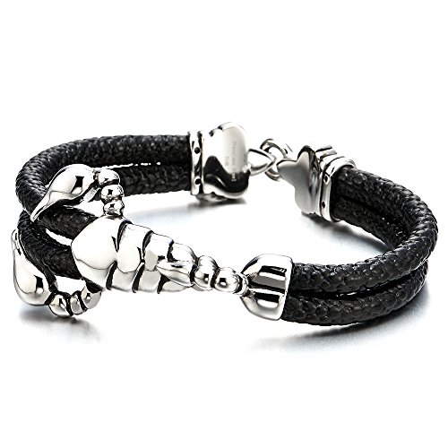 COOLSTEELANDBEYOND Zwei Runden Leder-Armband für Herren mit Edelstahl Skorpion und Schwarz Echtes Leder Biker Armband von COOLSTEELANDBEYOND
