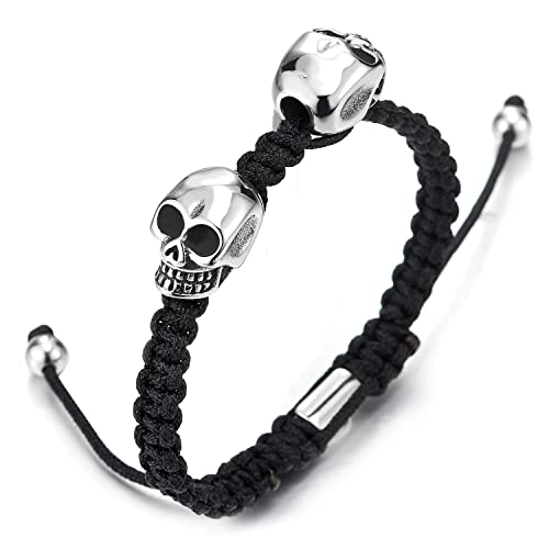 COOLSTEELANDBEYOND Zwei Schädel Armband Schwarz Seil Baumwolle Wickeln Schweißband Herren Damen Armband Geflochtenes Verstellbare Gotischen von COOLSTEELANDBEYOND