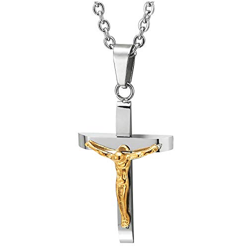COOLSTEELANDBEYOND Zwei-Schichten Klein Gold Kruzifix Kreuz Anhänger Jesus Christus Herren Damen Halskette aus Edelstahl, 51cm Stahl Seil-Kette von COOLSTEELANDBEYOND