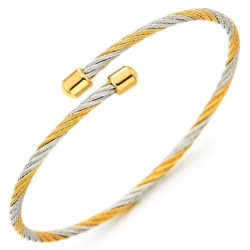 COOLSTEELANDBEYOND Zweifarbiges Kabeldraht-Manschettenarmband Edelstahl Gold Silber Gedrehtes Offenes Bangle Elegantes Schmuck Geschenk von COOLSTEELANDBEYOND