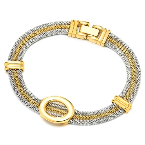 COOLSTEELANDBEYOND Zweifarbiges Netzketten-Armband Damen mit goldfarbenem Ringakzent Eleganter Edelstahlkabel-Schmuck von COOLSTEELANDBEYOND