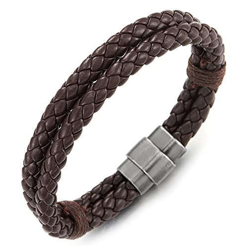COOLSTEELANDBEYOND Zweireihige Dunkelbraun Geflochtene Lederarmband Herren Damen Armband Echtes Leder Armreif mit Magnetverschluss von COOLSTEELANDBEYOND