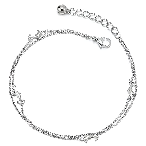 COOLSTEELANDBEYOND Zweireihige Edelstahl Gliederkette Fußkette Fußkettchen mit Delfine Charms Damen, Klingglöckchen, Verstellbare von COOLSTEELANDBEYOND