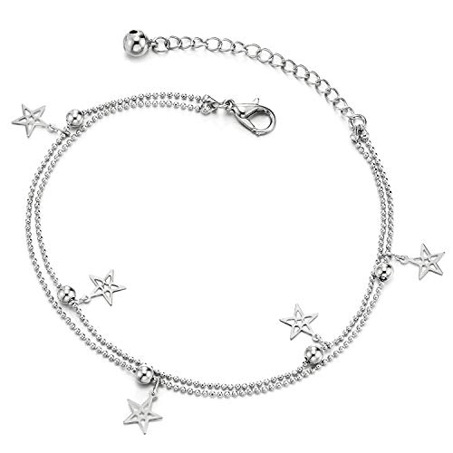 COOLSTEELANDBEYOND Zweireihige Kugelkette Damen-Fußkette Fußkettchen mit Wulst, Baumelnde Charms von Hohl Stern und Klingglöckchen von COOLSTEELANDBEYOND