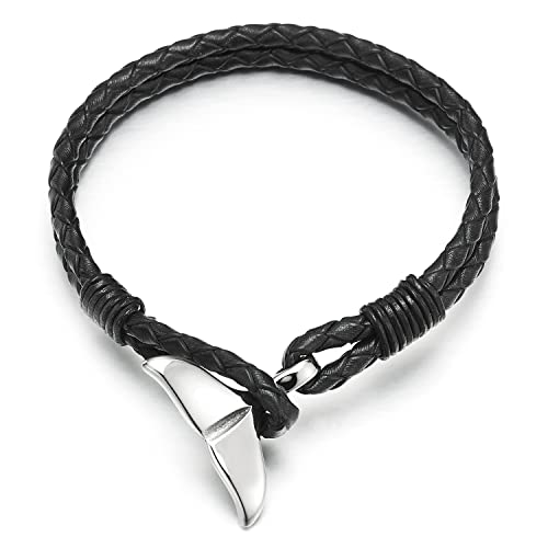 COOLSTEELANDBEYOND Zweireihige Schwarz Geflochtene Leder Armband, Herren Damen Armreif mit Edelstahl Wal Delfine Schwanz Hakenverschluss von COOLSTEELANDBEYOND