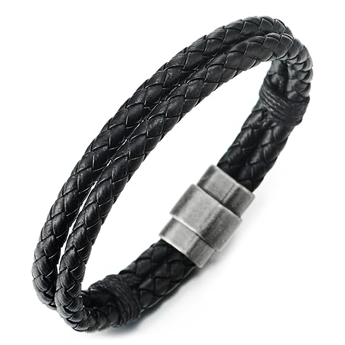 COOLSTEELANDBEYOND Zweireihige Schwarz Geflochtene Lederarmband Herren Damen Armband Echtes Leder Armreif mit Magnetverschluss von COOLSTEELANDBEYOND