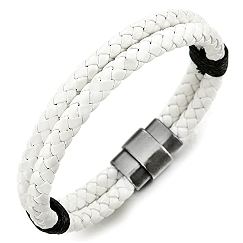 COOLSTEELANDBEYOND Zweireihige Weiß Geflochtene Lederarmband Herren Damen Armband Echtes Leder Armreif mit Magnetverschluss von COOLSTEELANDBEYOND