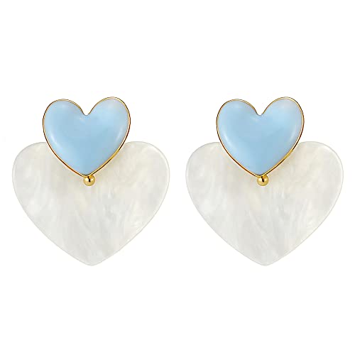 Chic Zwei Stücke Herz Goldfarben Statement Baumeln Tropfen Ohrstecker Ohrringe mit Perlmutt und Blau Emaille von COOLSTEELANDBEYOND
