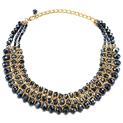 COOLSTEELANDBEYOND Choker Anhänger Dunkelblau Facettiert Kristall Perlen Perlenschnur Gold Geflochtene Kette Halsketten DREI Stränge von COOLSTEELANDBEYOND