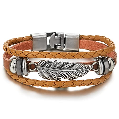 COOLSTEELANDBEYOND DREI Reihen Vintage Feder Blatt Braun Geflochtene Lederarmband für Herren Damen von COOLSTEELANDBEYOND