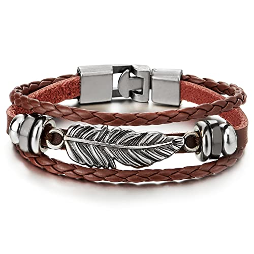 COOLSTEELANDBEYOND DREI Reihen Vintage Feder Blatt Dunkelbraun Geflochtene Lederarmband für Herren Damen von COOLSTEELANDBEYOND