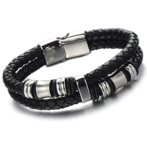 COOLSTEELANDBEYOND Doppel-Lap Schwarz Lederarmband Herren Armband Geflochtenem Leder Schweißband mit Edelstahl Verschluss von COOLSTEELANDBEYOND