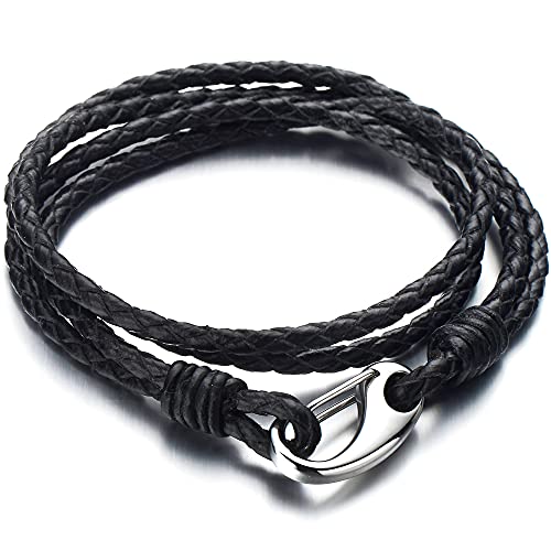 COOLSTEELANDBEYOND Doppel-Lap Schwarz Lederarmband Herren Damen Armband Geflochtenem Leder Schweißband mit Edelstahl Hakenverschluss von COOLSTEELANDBEYOND