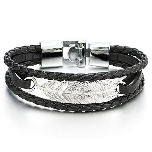 COOLSTEELANDBEYOND DREI Reihen Feder Schwarz Geflochtene Lederarmband für Herren Damen von COOLSTEELANDBEYOND