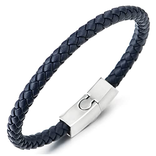 COOLSTEELANDBEYOND Dünn Dunkelblau Leder Armband für Herren Damen Geflochtenes Leder Armreif Schweißband mit Edelstahl Magnetverschluss von COOLSTEELANDBEYOND