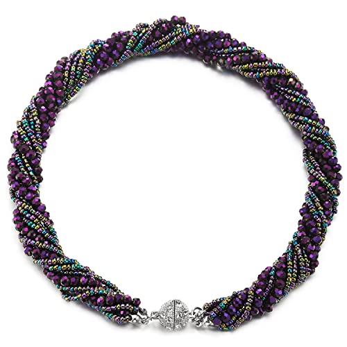 COOLSTEELANDBEYOND Dunkellila Statement Anhänger Multi-Schichten Perlen Kristall Geflochtene Kette Halsband Choker Magnetverschluss von COOLSTEELANDBEYOND