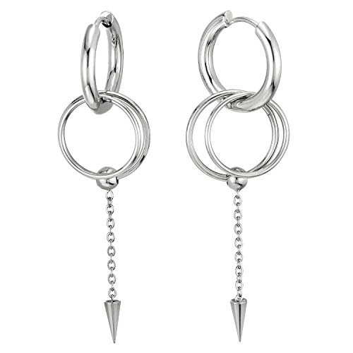 Edelstahl Creolen Huggie Ohr Manschette Ohrringe mit Offenes Kreis, Baumelnde Lange Kette Spitzte Kegel und Wulst von COOLSTEELANDBEYOND