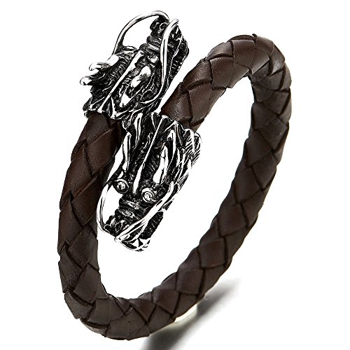 COOLSTEELANDBEYOND Edelstahl Drachen Elastische Verstellbare Braun Geflochtenes Leder Armband Armreif für Herren Wickeln Schweißband von COOLSTEELANDBEYOND