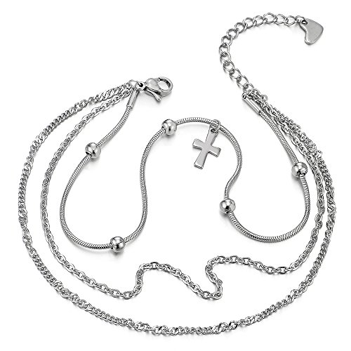 COOLSTEELANDBEYOND Edelstahl Drei Reihen Damen-Fußkette Fußkettchen mit Kreuz und Wulst Charms von COOLSTEELANDBEYOND