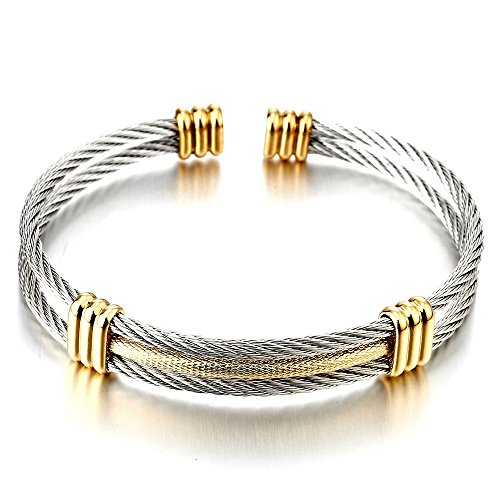 COOLSTEELANDBEYOND Edelstahl Elastische Herren Damen Armband Verstellbare Stahlkabel Armreif Silber Gold Zweifarbig von COOLSTEELANDBEYOND