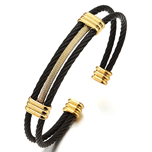 COOLSTEELANDBEYOND Edelstahl Elastische Herren Damen Armband Verstellbare Stahlkabel Offenes Manschette Armreif - Gold Schwarz Zweifarbig von COOLSTEELANDBEYOND