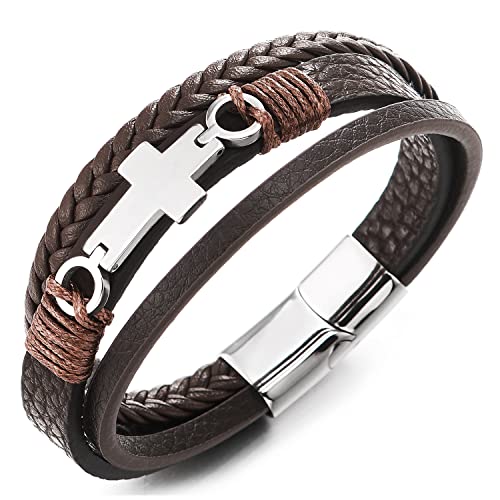 COOLSTEELANDBEYOND Edelstahl Horizontalen Seite Seitlich Flacher Kreuz DREI Stränge Braun Geflochtene Lederarmband Armreif für Herren Damen von COOLSTEELANDBEYOND