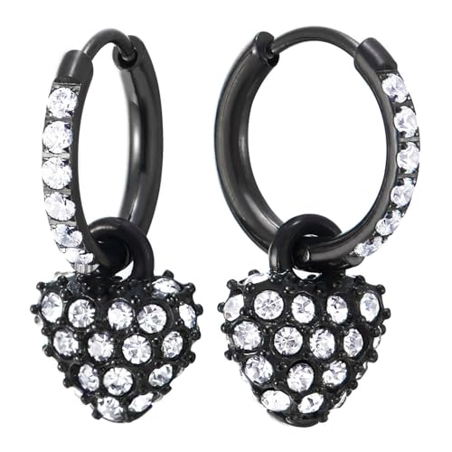 Edelstahl Ohrringe Herz-Creolen Mit Schwarzer Beschichtung Und Pavé-Zirkonia, Romantischer Gothic Punk Stil von COOLSTEELANDBEYOND