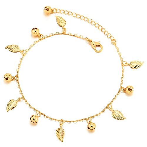 Einzigartige Damen Gold Gliederkette Fußkette Fußkettchen mit Blätter Charms und Klingglöckchen, Verstellbare von COOLSTEELANDBEYOND