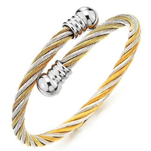 COOLSTEELANDBEYOND Elastische Verstellbare Damen Herren Armband Edelstahl Verdrehten Stahlkabel Armreif Silber Gold Zweifarbig von COOLSTEELANDBEYOND