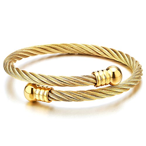 COOLSTEELANDBEYOND Elastische Verstellbare Damen Herren Armband Verdrehten Stahlkabel Offenes Manschette Armreif Goldfarben Edelstahl von COOLSTEELANDBEYOND