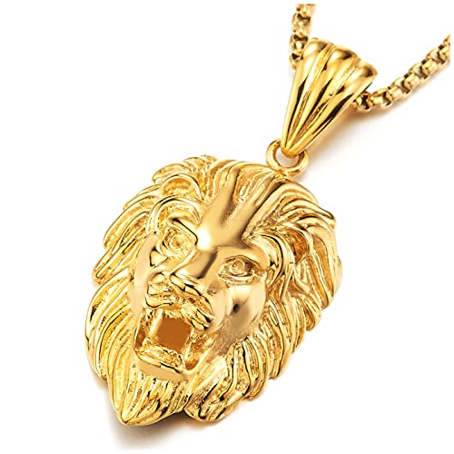 COOLSTEELANDBEYOND Exklusiv Edelstahl Herren Damen Gold Löwenkopf Anhänger Halskette mit 70cm Stahl Weizen-Kette von COOLSTEELANDBEYOND