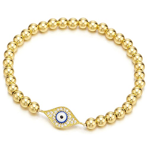 COOLSTEELANDBEYOND Exquisiten Stil Damen Herren Mädchen Gold Perlen-Armband mit Zirkonia Schutzes Bösen Blick von COOLSTEELANDBEYOND