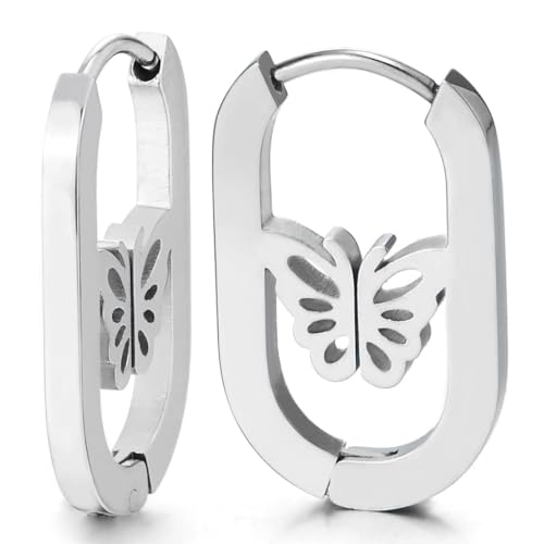 Geometrisch U-förmig Hoffe Ohrringe mit Schmetterling Ausgeschnitten Design, Edelstahl Huggie Hinged Ohrringe, Damen von COOLSTEELANDBEYOND
