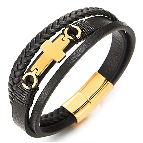 COOLSTEELANDBEYOND Gold Edelstahl Horizontalen Seite Seitlich Flacher Kreuz DREI Stränge Schwarz Geflochtene Lederarmband für Herren Damen von COOLSTEELANDBEYOND