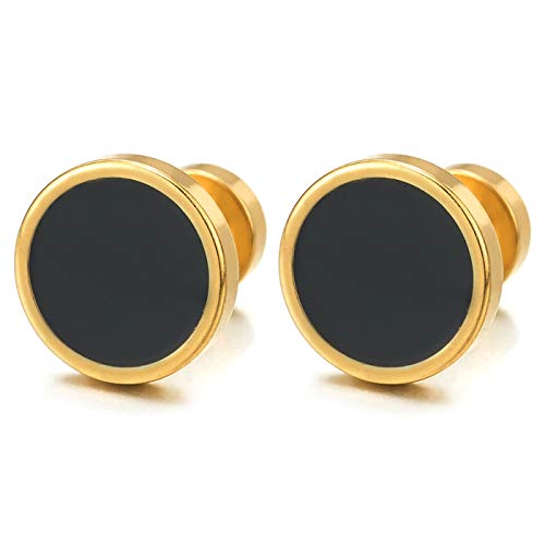 Gold Edelstahl Kreis Ohrstecker Ohrringe mit Schwarz Emaille, Herren Damen Fake Plugs Ohr Cheater Tunnel Gauges Piercing von COOLSTEELANDBEYOND