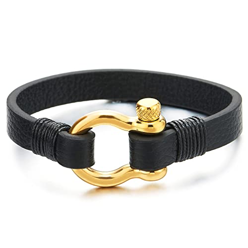 COOLSTEELANDBEYOND Gold Schraube Anker Damen Herren Schwarz Leder Armband, Nautisch Matrose Wickeln Strap Schweissband von COOLSTEELANDBEYOND