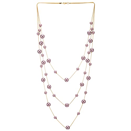 COOLSTEELANDBEYOND Gold Statement Halskette Drei Stränge Lange Kette mit Pink Lila Synthetische Perle Perlen Anhänger, Abendkleid Elegante von COOLSTEELANDBEYOND