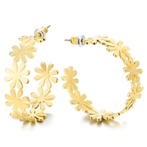 Goldene Blumen Creolen für Damen, Ohrringe Offene Creolen mit Gänseblümchen Muster, Trendiger Blumenschmuck Goldene Blumen Creolen für Damen, Ohrringe Offene Creolen mit Gänseblümchen Muster, Trendiger Blumenschmuck von COOLSTEELANDBEYOND