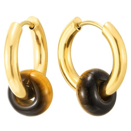 Goldfarben Edelstahl Kreis Tigerauge Stein Wulst Creolen Huggie Ohr Manschette Ohrringe für Herren Damen, 1 Paar von COOLSTEELANDBEYOND