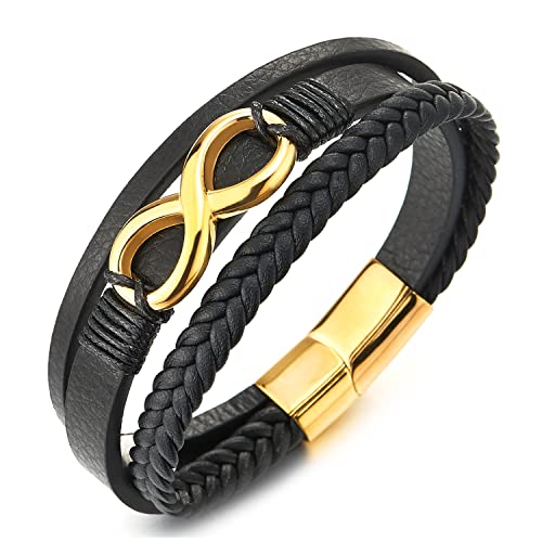 COOLSTEELANDBEYOND Goldfarben Infinity Liebe Unendlich Number 8 Verflochtenen DREI Stränge Schwarz Geflochtene Leder Armband Herren Damen von COOLSTEELANDBEYOND