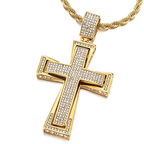 COOLSTEELANDBEYOND Goldfarben Kreuz Anhänger mit Zirkonia, Herren Damen Edelstahl Halskette 75cm Stahl Kugelkette von COOLSTEELANDBEYOND