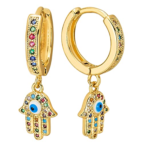 Goldfarbene Huggie Scharnier Creolen Ohrringe mit Baumelnder Hamsa Hand von Fatima aus Buntem Zirkonia Goldfarbene Huggie Scharnier Creolen Ohrringe mit Baumelnder Hamsa Hand von Fatima aus Buntem Zirkonia von COOLSTEELANDBEYOND