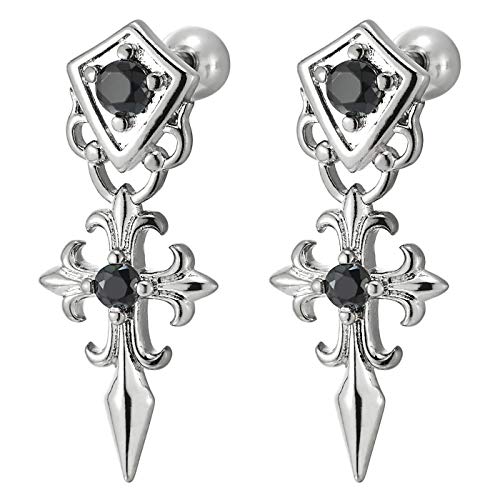 Gothic Punk Rock Schild Fleur de Lis Klinge Kreuz Ohrstecker mit Schwarz Zirkonia Herren Damen Edelstahl Gestüt Ohrringe von COOLSTEELANDBEYOND