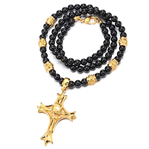 COOLSTEELANDBEYOND Gotischen Stil Herren Schwarz Onyx Perlen Halskette mit Goldfarben Kreuz Schädel aus Edelstahl von COOLSTEELANDBEYOND