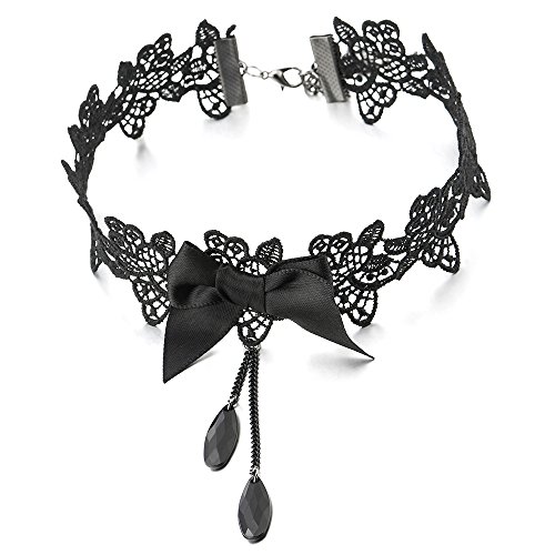 COOLSTEELANDBEYOND Gotischen Viktorianisch Nostalgisch Schwarz Spitze Schleife Choker Halsketten Damen, Schwarz Kette Wulst Charm Anhänger von COOLSTEELANDBEYOND