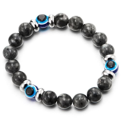 Grau Marmor Stein Armband mit Blau Bösen Blick Wulst, Herren Damen Perlen Armband, Schutzes Heilend Energie von COOLSTEELANDBEYOND