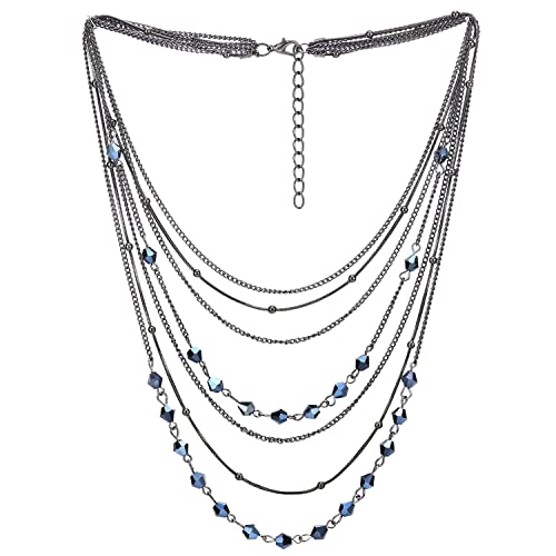 COOLSTEELANDBEYOND Grau Schwarz Choker Halsband Halskette Wasserfall Multi-Schichten Kette Dunkelblau Edelsteine Ball Charme Anhänger von COOLSTEELANDBEYOND