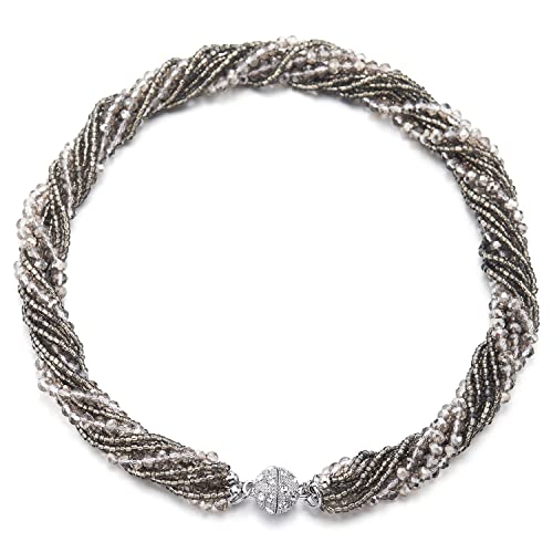 COOLSTEELANDBEYOND Grau Statement Anhänger Multi-Schichten Perlen Kristall Geflochtene Kette Halsband Choker Magnetverschluss von COOLSTEELANDBEYOND